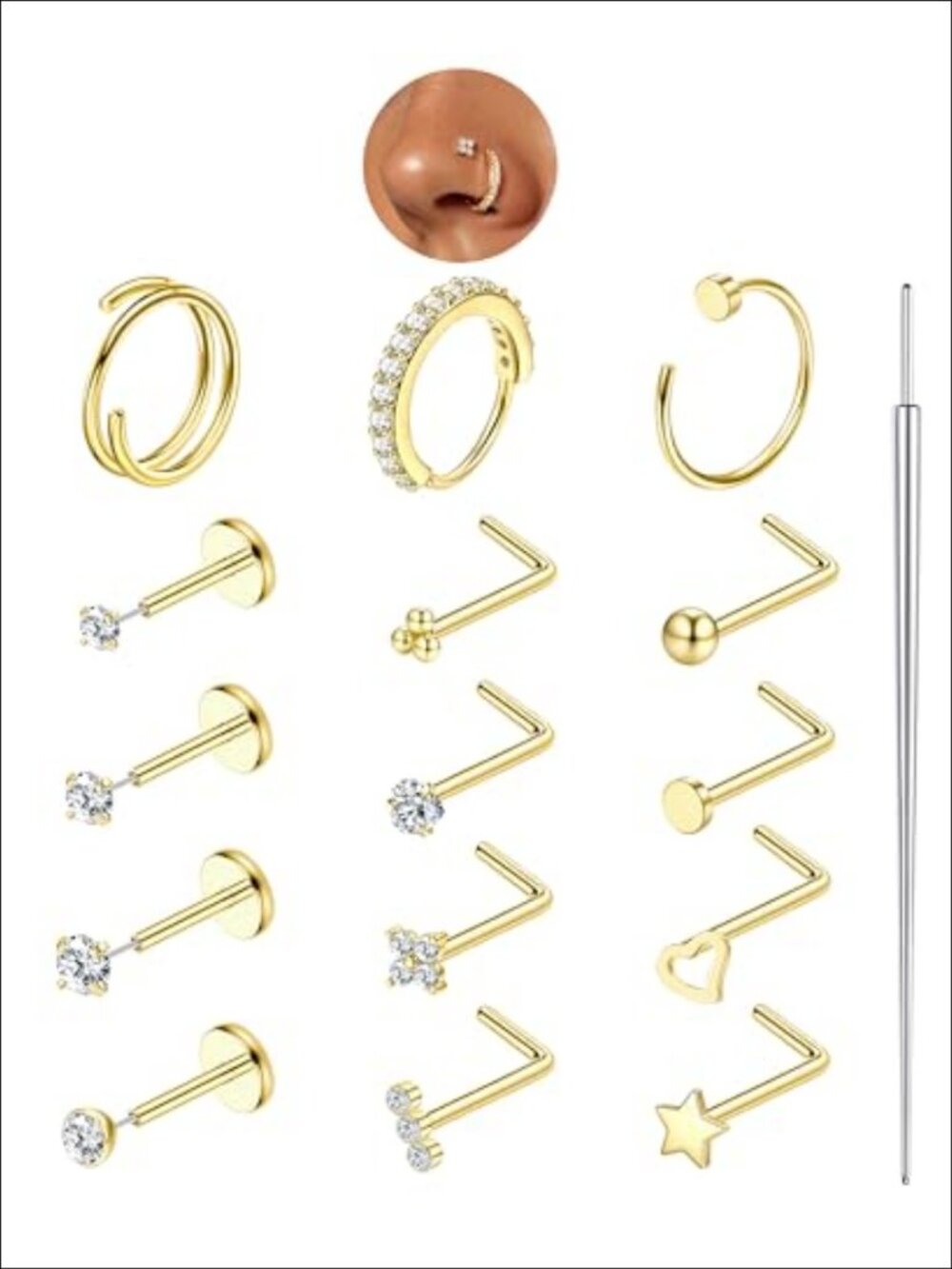 14K Gold Plated Surgical Steel Nose Ring Set Hoops Studs 20G